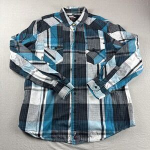 No Fear Shirt Mens XL Plaid Long Sleeve Button Up Vintage Y2K Blue Gray
